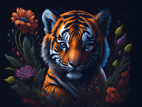Download Cute Floral Tiger Illustration Art 6 - Tiger Collection